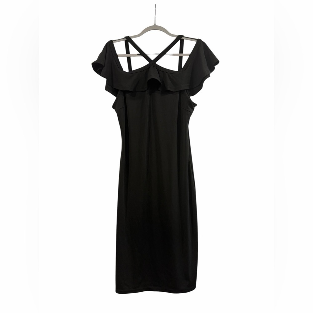 Women’s Black Midi Criss Cross Wedding Guest Cocktail Ruffle Party Dress Large